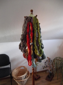 the coat tree I turned into a yarn tree for display